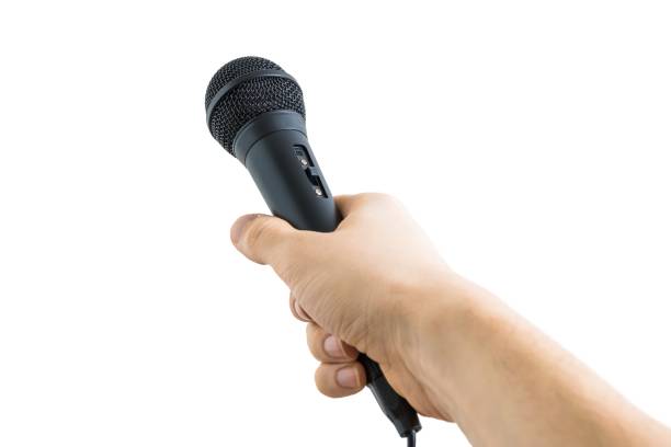 istock Reporter is holding microphone in hand. Isolated on white background. 649031030