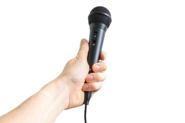 istock Reporter is holding microphone in hand. Isolated on white background. 649033192