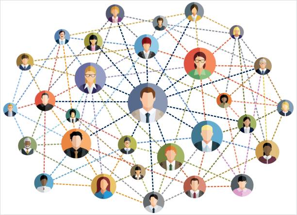 ilustrações, clipart, desenhos animados e ícones de ilustração em vetor de um esquema de rede social abstrata, que contém ícones de pessoas ligados uns aos outros. - hierarquia de corporação