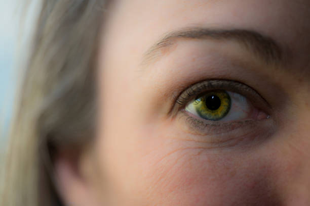 istock Close up view of woman's eye, looking at camera 649035855