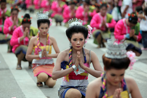 Thai Dance at the Bun Bang Fai Festival or Rocket Festival in the City of Yasothon in the Region of Isan in Northeast Thailand in Thailand.\