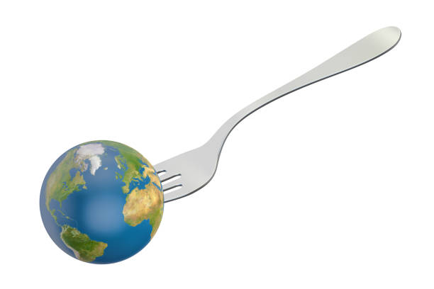 istock Earth globe with fork. International cuisine concept, 3D rendering. 649046770