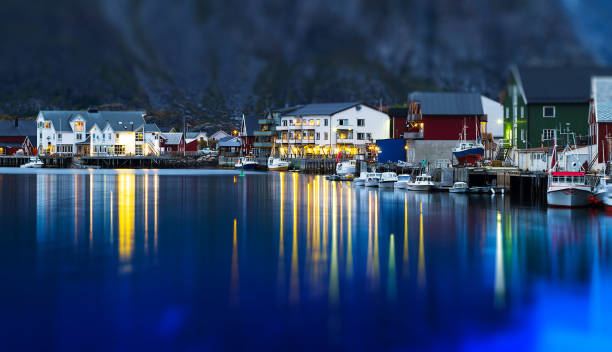 istock Horizontal vivid evening Norway town light reflections landscape 649047484