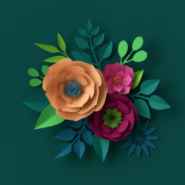 istock 3d render, digital illustration, colorful paper flowers wallpaper, spring summer background 649057722