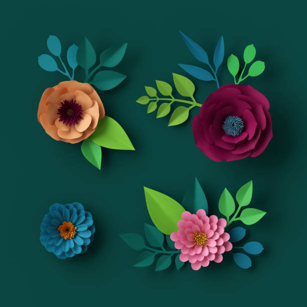 istock 3d render, digital illustration, colorful paper flowers wallpaper, spring summer background, floral design elements 649057746