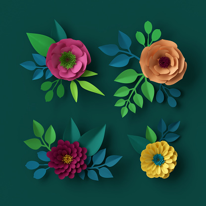 3d render, digital illustration, colorful paper flowers wallpaper, spring summer background, floral design elements
