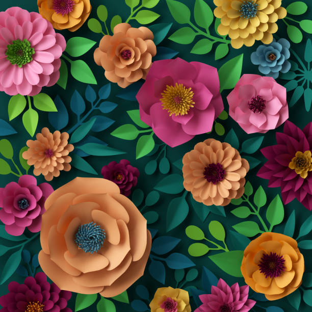 istock 3d render, digital illustration, colorful paper flowers wallpaper, spring summer background 649057786