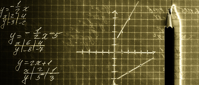 Mathematical education, equations and graphs on a sheet in a cell, also a simple pencil for drawing graphs