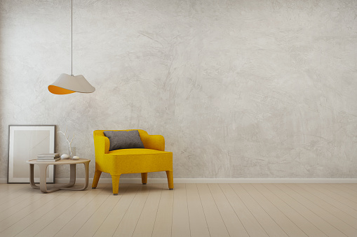 3D rendering of interior with yellow armchair, coffee table and lamp