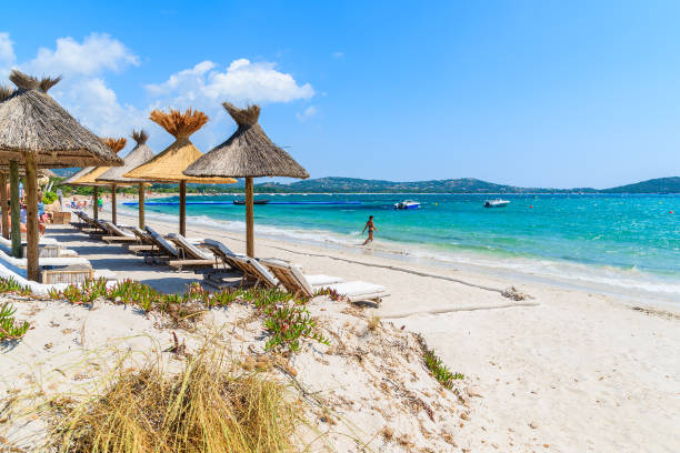 Sunshades on beautiful beach in Saint Cyprien coastal town, Corsica island, France Corsica is the largest French island on Mediterranean Sea and most popular holiday destination for French people. corsica photos stock pictures, royalty-free photos & images