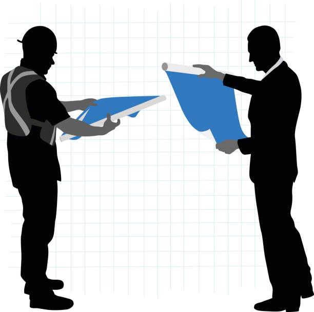 Blueprint Discussions Silhouette illustration of a business man and a contractor holding a blue print blueprint silhouettes stock illustrations