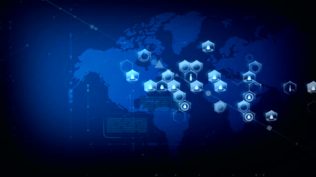 World map with honeycomb grid and lock security and futuristic concept