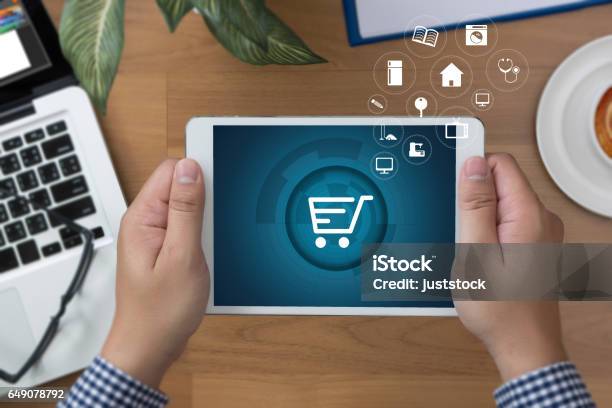 Business People Use Technology Ecommerce Internet Global Marketing Purchasing Plan And Bank Concept Stock Photo - Download Image Now