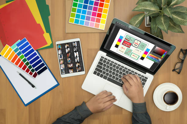 istock Creative Designer Graphic at work. Color swatch samples, Illustrator Graphic designer working digital tablet and computer 649078816