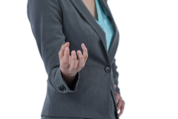 istock Businesswoman gesturing against white background 649084726