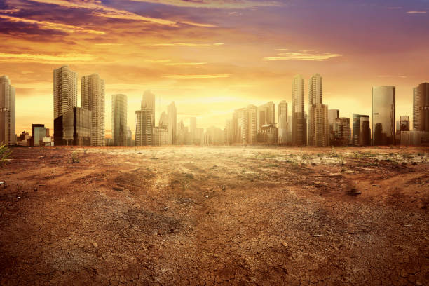 città moderna che mostra l'effetto del cambiamento climatico - terra brulla foto e immagini stock