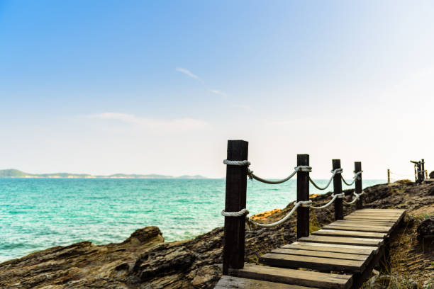 istock Wood walkway at the coast with rope 649091116