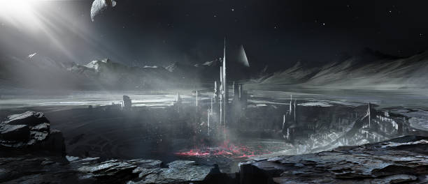 istock Alien planet building, digital painting. 649091286