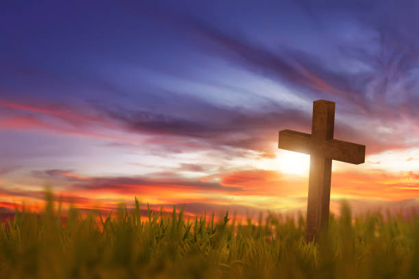 istock Wooden cross on green grass with sunset 649091568