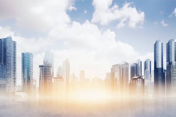 istock Transparent floor with modern building and skyscraper 649095064