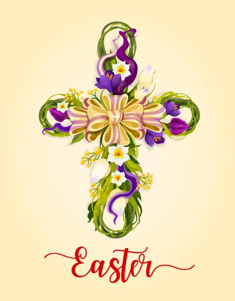 Vector illustration of Easter cross made up of flowers greeting card design