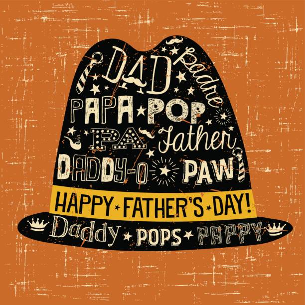 ilustraciones, imágenes clip art, dibujos animados e iconos de stock de tarjeta de felicitación día del padre. fedora de estilo doodle con varias diferentes apodos para papá. - sombrero homburg