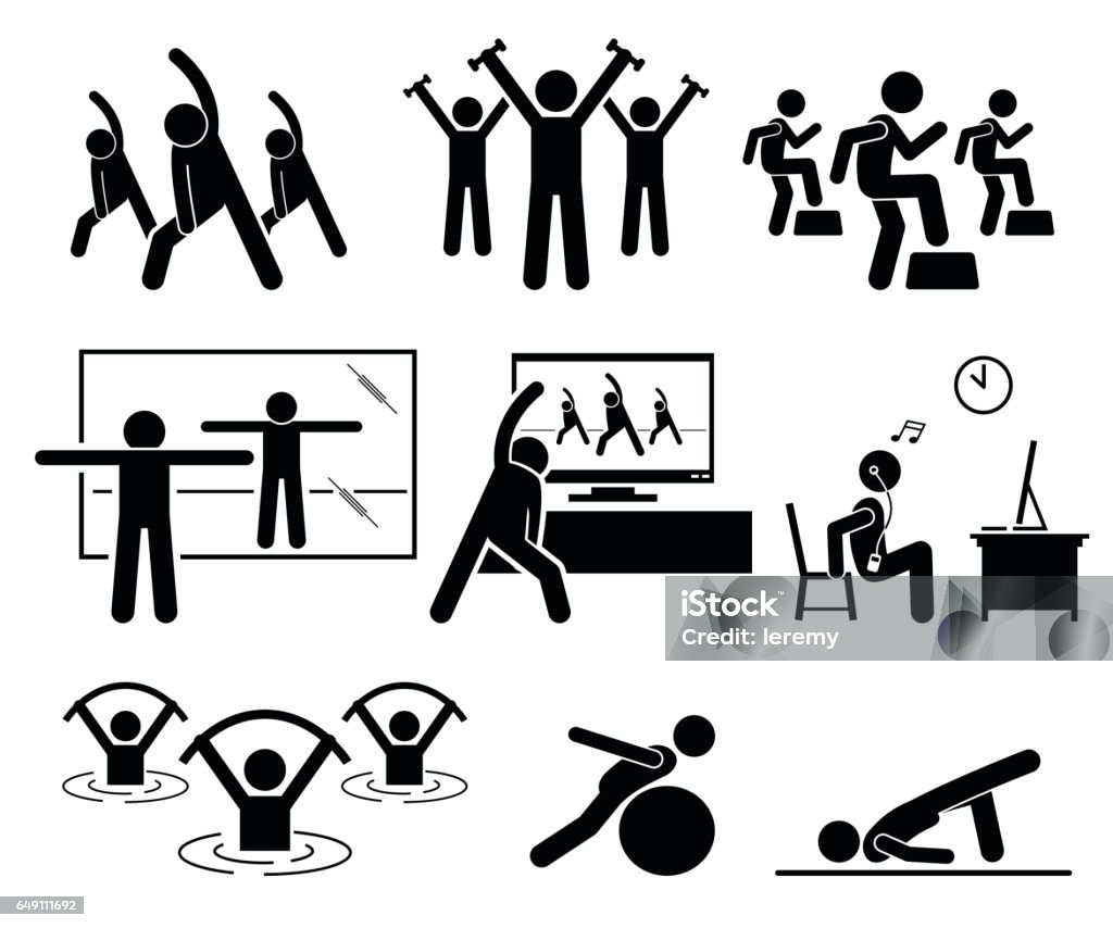 Aerobic class at gym room with instructor. Beginner learning aerobic at home by watching TV and Internet video. Aqua aerobic exercise at swimming pool. Illustrations in stick figures pictogram. Exercising stock vector