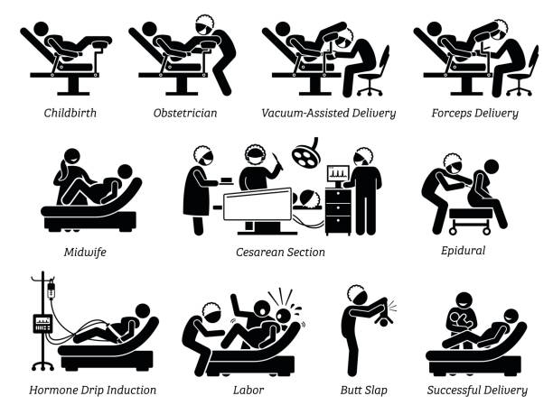 Childbirth at hospital. Ways to deliver baby at hospital by doctor or obstetrician. Methods are vaginal delivery, vacuum assisted, forceps, and Cesarean. Illustration in stick figures pictogram. forceps stock illustrations