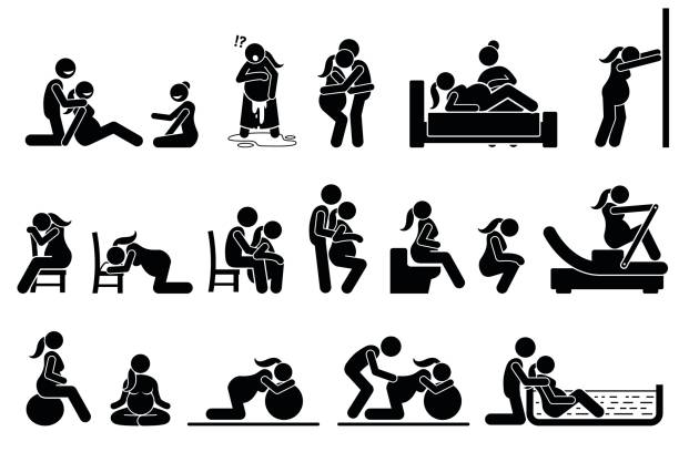 ilustraciones, imágenes clip art, dibujos animados e iconos de stock de puestos de trabajo de parto y posturas en el hogar. - relaxation exercise child mother human pregnancy