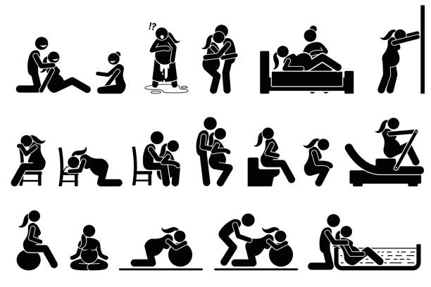 Childbirth labor positions and postures at home. Natural birthing class that include yoga, exercise, meditation, and water birth technique. Illustrations in stick figures pictogram. baby squatting stock illustrations