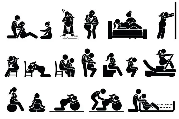 Vector illustration of Childbirth labor positions and postures at home.