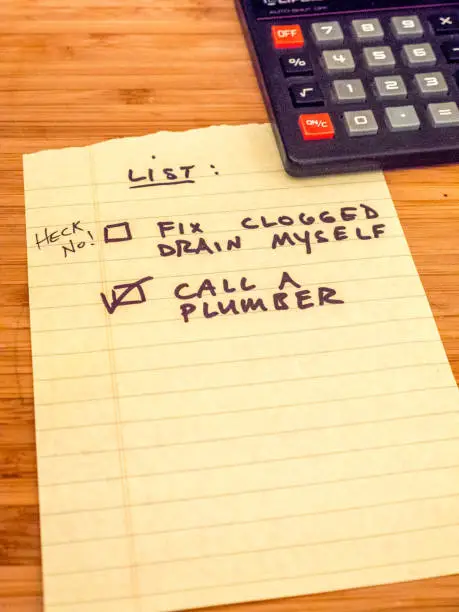 Photo of list with calculator reminding to call plumber, copy space
