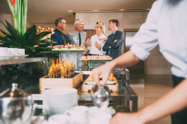 istock Cheerful Business People Talking in Buffet 649115652
