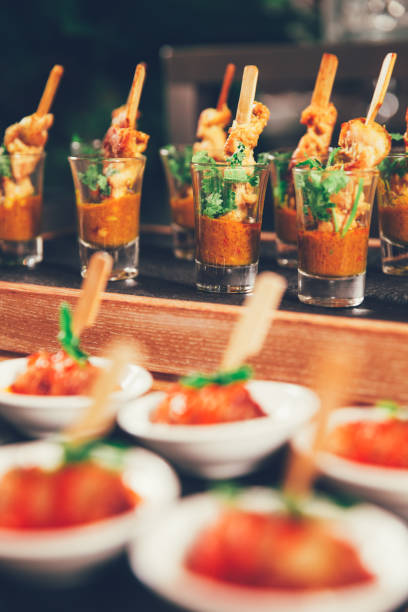 istock Delicious Meat Snacks with Sauce on Buffet Table 649115684
