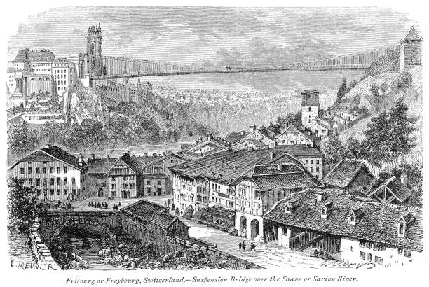 ilustraciones, imágenes clip art, dibujos animados e iconos de stock de ciudad de fribourg suiza grabado de 1875 - fribourg