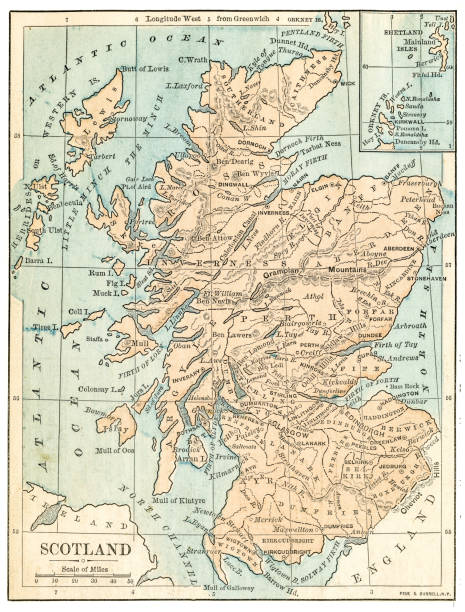 illustrazioni stock, clip art, cartoni animati e icone di tendenza di mappa scozzese 1875 - scotland