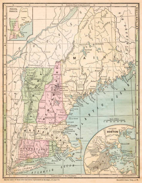 ilustraciones, imágenes clip art, dibujos animados e iconos de stock de estados de nueva inglaterra de estados unidos mapa de 1875 - map cartography connecticut drawing
