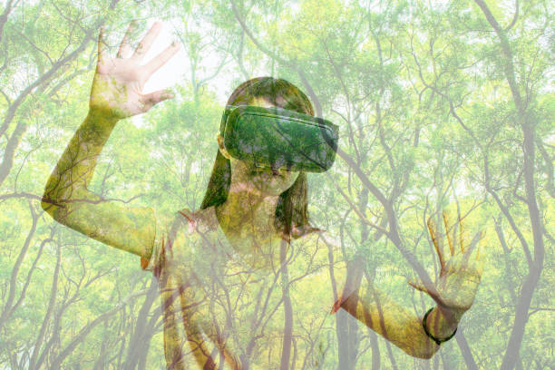 istock Double exposure of people using the virtual reality headset 649124620