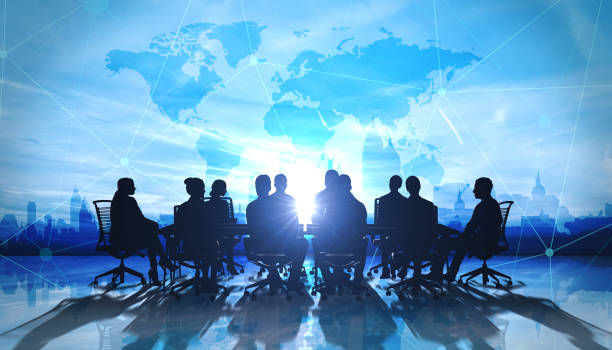 welt-management-team im büro silhouette - board room business person meeting business stock-fotos und bilder
