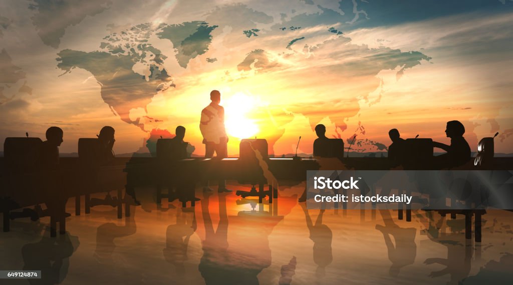 World Management Team in office silhouette World Management Team in office silhouette 3d rendering In Silhouette Stock Photo