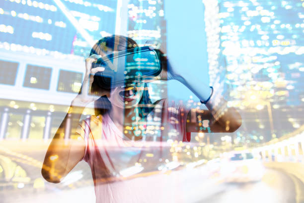 istock Double exposure of people using the virtual reality headset 649125976