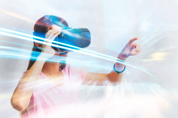 istock Double exposure of people using the virtual reality headset 649125980