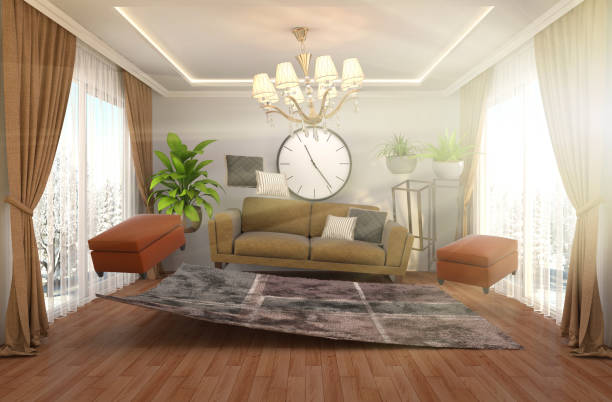 istock Zero Gravity furniture hovering in living room. 3D Illustration 649132272