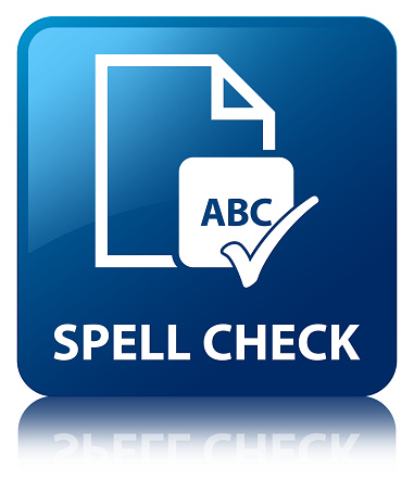 Spell check document isolated on blue square button reflected abstract illustration
