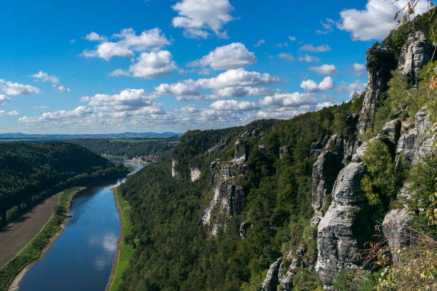istock Panoramic view from the Bastei over the Elbe valley, Elbe Sandstone Mountains, Rathen, Saxon Switzerland National Park, Nationalpark Sachsische Schweiz, Germany, Europe 649143496