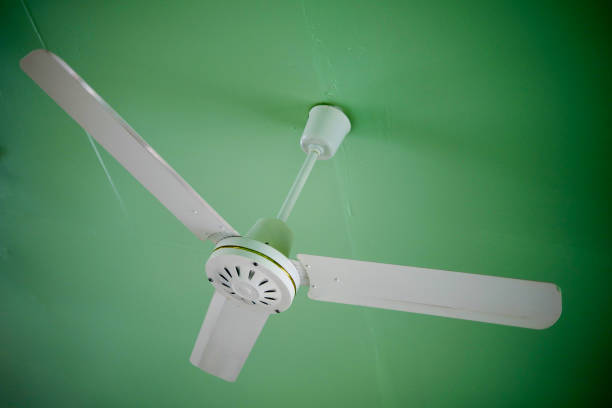 istock White fans at a dark green ceilng 649143540