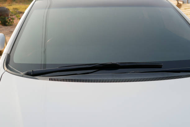 windshield wipers of a white car - windshield imagens e fotografias de stock