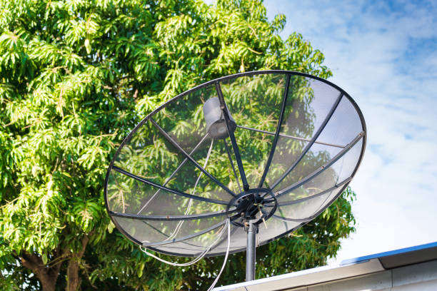 istock Satellite dish on the roof with blue sky and tree. 649143708