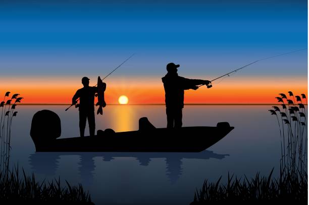 Fishing vector Silhouette of fisherman in boat with pike fish fishing stock illustrations
