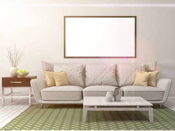 istock Mock up blank poster on the wall of interior with sofa. 3D Illustration 649144544